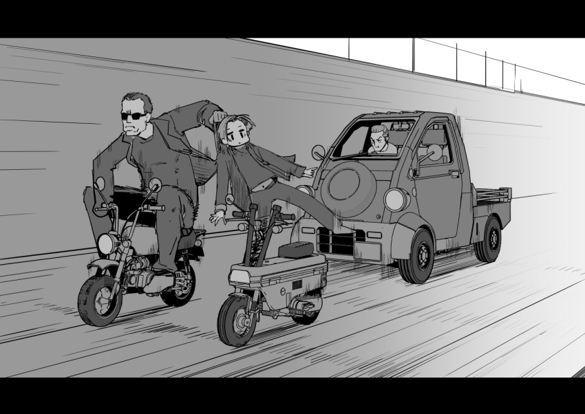 3boys car car_chase closed_mouth commentary driving frown greyscale ground_vehicle honda_motocompo jacket john_connor letterboxed lifting_person male_focus monochrome motion_lines motor_vehicle multiple_boys navel on_motorcycle open_clothes open_jacket pants shirt short_hair sunglasses t-1000 t-800 terminator_(series) terminator_2:_judgment_day ueno_petarou vehicle_request very_short_hair