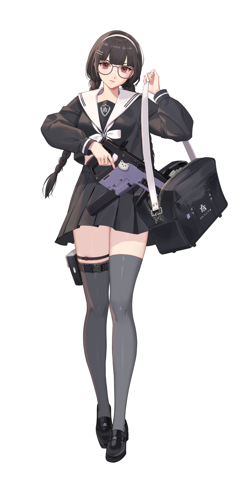 1girl absurdres aya_(black_survival) bag bangs black-framed_eyewear black_bag black_clothes black_footwear black_shirt black_skirt black_survival blunt_bangs braid brown_eyes brown_hair character_name closed_mouth fingernails full_body glasses grey_legwear gun hair_ornament hairband hairclip highres holding holding_gun holding_weapon kriss_vector lips long_hair long_sleeves looking_at_viewer official_alternate_costume official_art one_touch pleated_skirt sailor_collar school_bag school_uniform serafuku shirt shoes skirt solo standing submachine_gun thigh_pouch thigh_strap thighhighs thighs transparent_background twin_braids weapon white_hairband white_sailor_collar zettai_ryouiki
