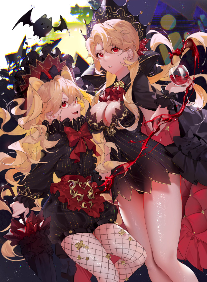 2girls absurdres ascot bat black_cape black_dress black_shirt black_shorts blonde_hair blood bow bowtie breasts cape catalina_(clover_theater) chinese_commentary cleavage closed_umbrella clover_theater commentary_request crown cup dress drinking_glass fang feet_out_of_frame fishnet_legwear fishnets highres holding holding_cup holding_umbrella koi_han long_hair long_sleeves medium_breasts minodora_(clover_theater) multiple_girls pantyhose parted_lips puffy_shorts red_bow red_eyes red_neckwear shirt shorts skin_fang smile standing umbrella very_long_hair wine_glass wrist_cuffs