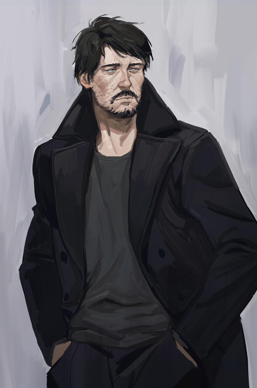 1boy beard black_hair black_jacket cheetahman_(1ddghfr78cswc) disco_elysium expressionless facial_hair goatee grey_eyes hands_in_pockets highres jacket jean_vicquemare male_focus mustache pants shirt short_hair simple_background solo t-shirt