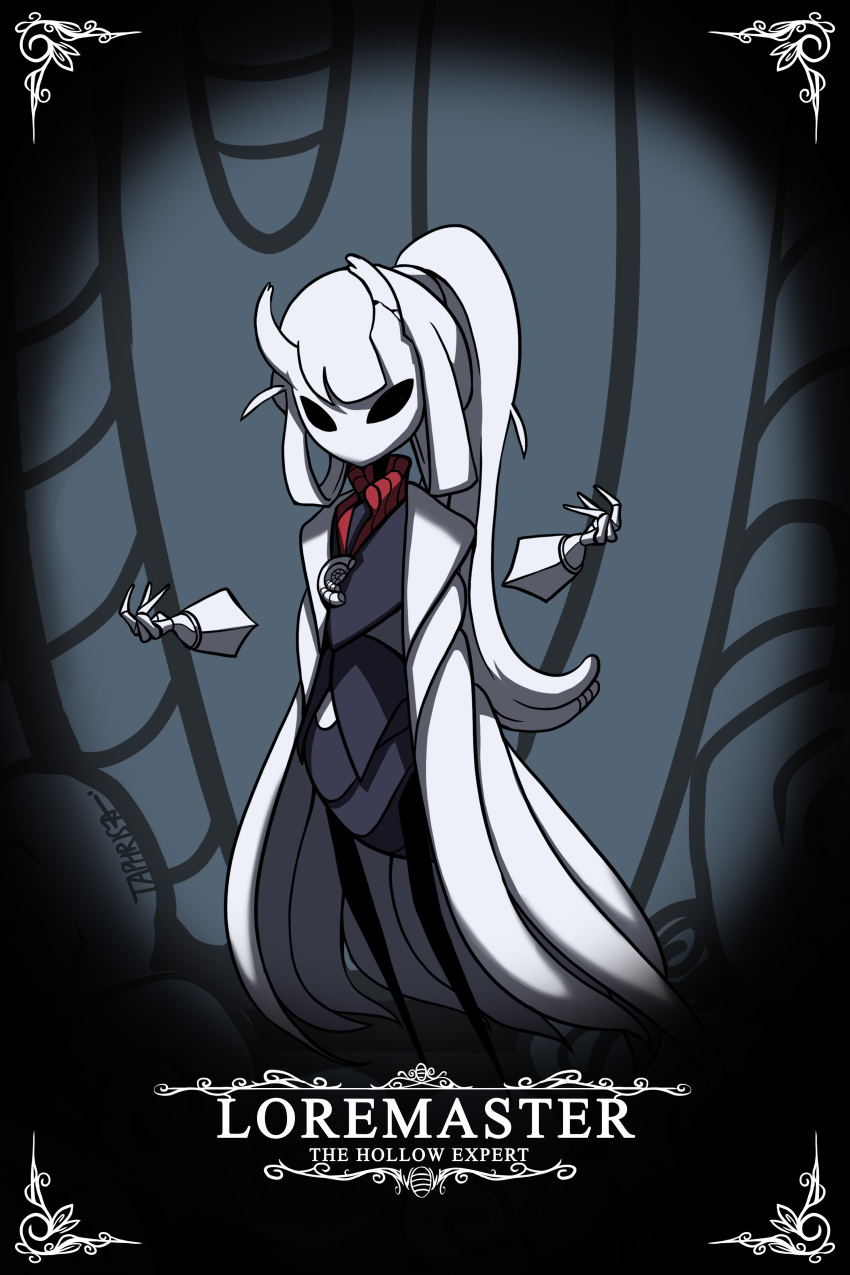 1girl absurdres arthropod_girl artist_name bangs black_horns character_name coat dated disembodied_limb english_commentary english_text full_body helltaker highres hollow_knight horns labcoat long_hair looking_at_viewer loremaster_(helltaker) open_clothes open_coat parody ponytail signature solo standing style_parody taphris white_coat