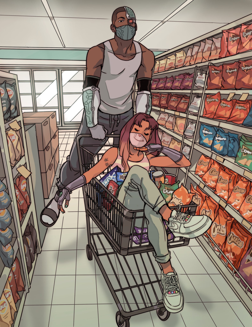 1boy 1girl artificial_eye chips closed_eyes colored_skin cyborg cyborg_(dc) dark_skin dark_skinned_male food gabriel_picolo highres indoors mask mechanical_eye mouth_mask orange_skin pants shopping shopping_cart starfire tank_top teen_titans