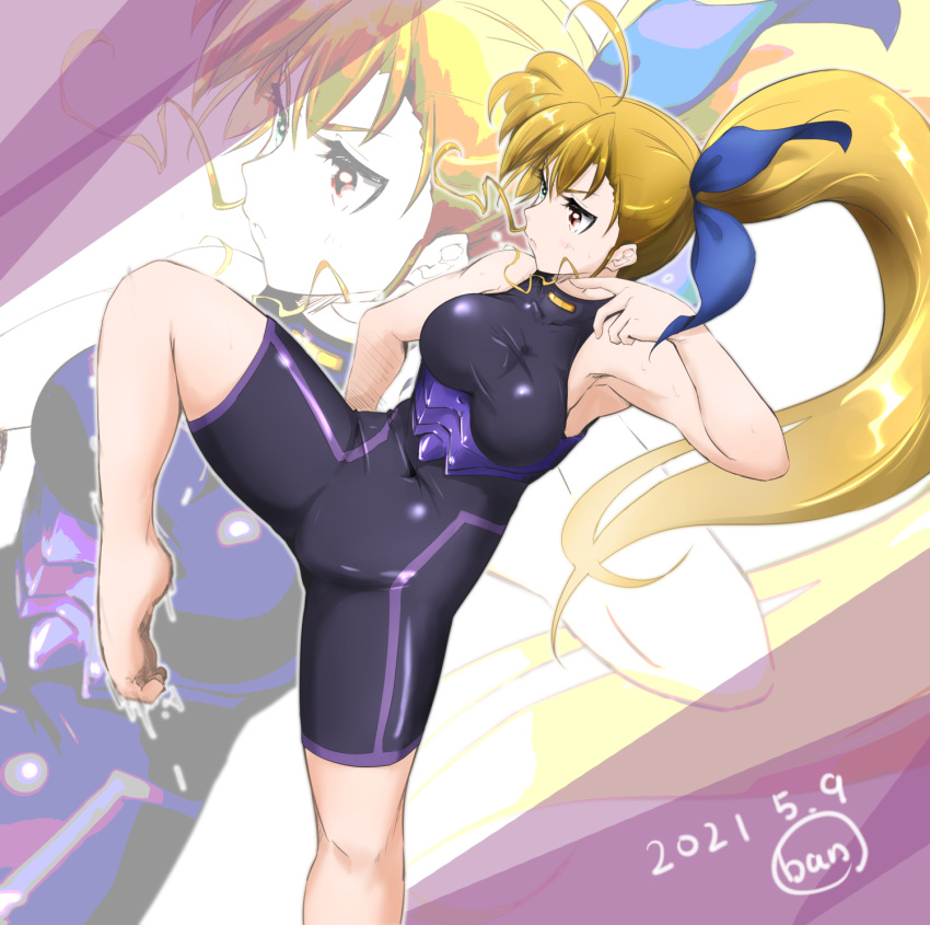 1girl ahoge armpit_peek artist_name ban_(777purin) bare_shoulders barefoot black_bodysuit blonde_hair blush bodysuit breasts covered_navel dated drama_layer hair_ornament hair_ribbon heterochromia highres kicking large_breasts long_hair lyrical_nanoha mahou_shoujo_lyrical_nanoha_strikers mahou_shoujo_lyrical_nanoha_vivid open_mouth ponytail ribbon shiny shiny_hair solo sweat vivio