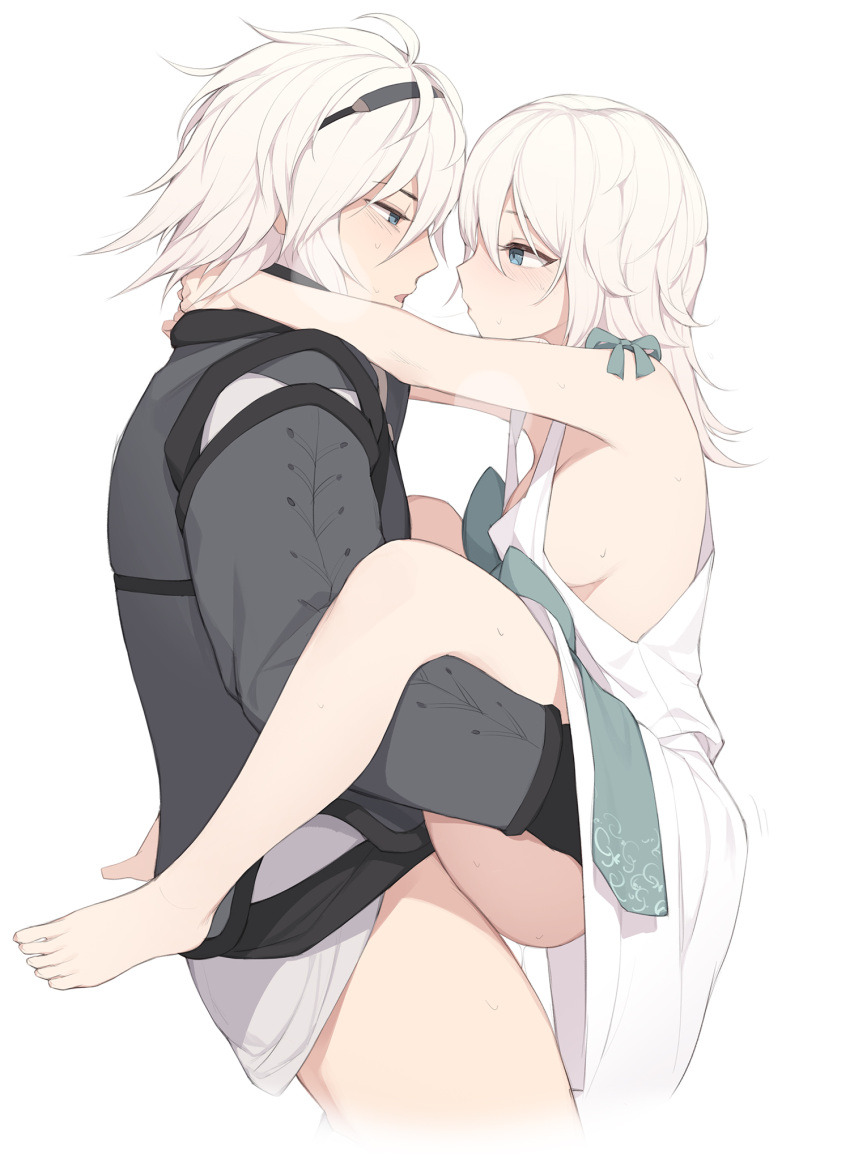 1boy 1girl barefoot blue_eyes blush brother_and_sister clothed_sex commentary dress eye_contact from_side hair_between_eyes hetero highres incest long_hair long_sleeves looking_at_another nier nier_(series) nier_(young) pepper0 saliva saliva_trail sex siblings simple_background suspended_congress white_background white_dress yonah