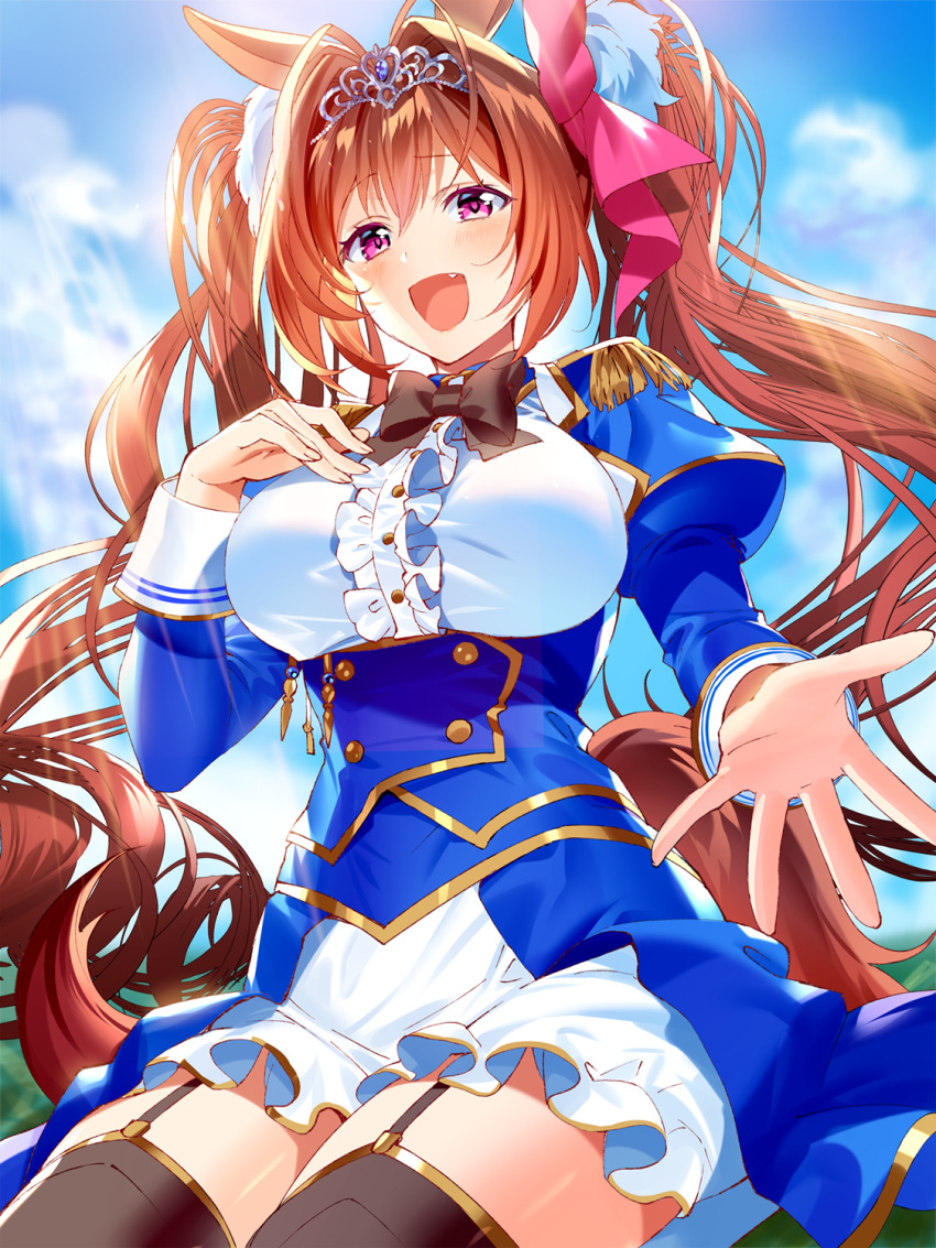 1girl animal_ears bangs blush breasts brown_hair daiwa_scarlet_(umamusume) epaulettes fang hair_intakes highres horse_ears horse_girl horse_tail large_breasts long_hair long_sleeves looking_at_viewer murakami_yuichi open_mouth red_eyes skin_fang smile tail thighhighs tiara twintails umamusume very_long_hair