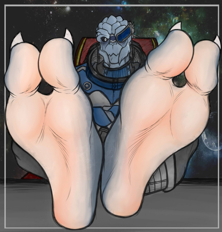 2_toes alien anthro barefoot claws crossed_legs feet foot_focus garrus_vakarian grey_body hi_res legs_together looking_at_viewer male mass_effect not_furry sebafox soles solo toes turian video_games