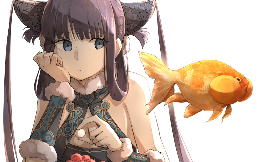 1girl bangs bare_shoulders black_dress blue_eyes breasts china_dress chinese_clothes cleavage detached_sleeves dress fate/grand_order fate_(series) fish hair_ornament kan_(aaaaari35) large_breasts long_hair looking_to_the_side lychee purple_hair sidelocks twintails very_long_hair yang_guifei_(fate)