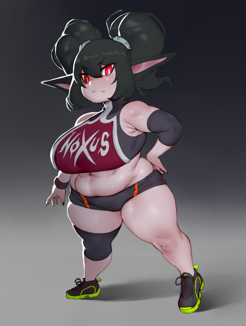 absurd_res alternate_costume big_breasts bottomwear bra breasts clothing female forastero hi_res humanoid humanoid_pointy_ears league_of_legends navel overweight overweight_female overweight_humanoid pigtails poppy_(lol) riot_games short_stack shorts slightly_chubby solo sports_bra sportswear thick_thighs underwear video_games wide_hips yordle