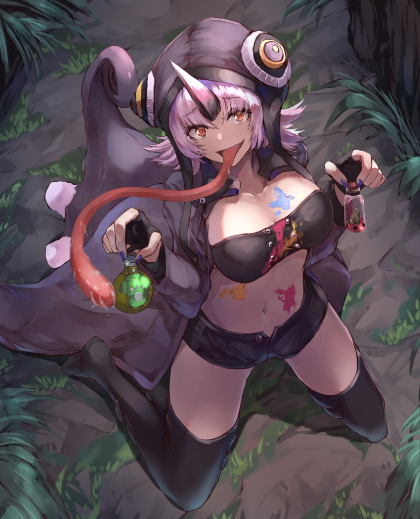 1girl bandeau black_gloves black_legwear black_shorts blue_nails breasts chameleon_tongue chameleos fingerless_gloves gloves highres horns jojobirdz medium_breasts monster_girl monster_hunter_(series) navel orange_eyes personification purple_hair short_hair short_shorts shorts single_horn solo thighhighs