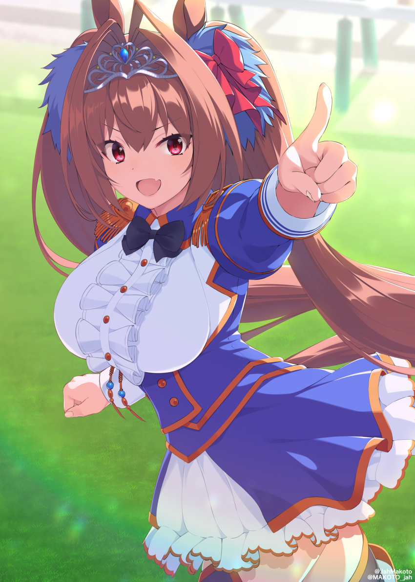 1girl animal_ears bangs blush breasts brown_hair daiwa_scarlet_(umamusume) epaulettes fang hair_intakes highres horse_ears horse_girl horse_tail large_breasts long_hair long_sleeves looking_at_viewer mizuki_makoto open_mouth pointing pointing_at_viewer red_eyes skin_fang smile tail thighhighs tiara twintails umamusume very_long_hair