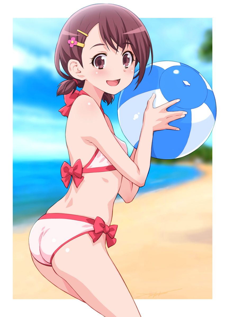 1girl ass ball beach bikini blue_sky cloud day flower hair_flower hair_ornament hairclip hanadera_nodoka healin'_good_precure highres holding holding_ball kazuma_muramasa looking_at_viewer ocean open_mouth outdoors pink_bikini precure red_eyes red_hair short_twintails sky smile solo standing swimsuit thighs twintails