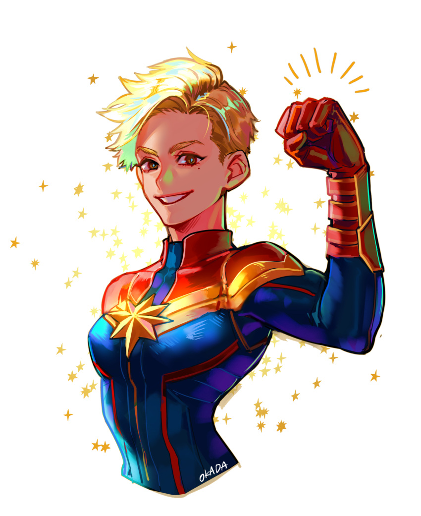 1girl blonde_hair breasts brown_eyes captain_marvel clenched_hand cropped_torso hand_up highres marvel medium_breasts okada_(hoooojicha) parted_lips short_hair signature smile solo star_(symbol) white_background