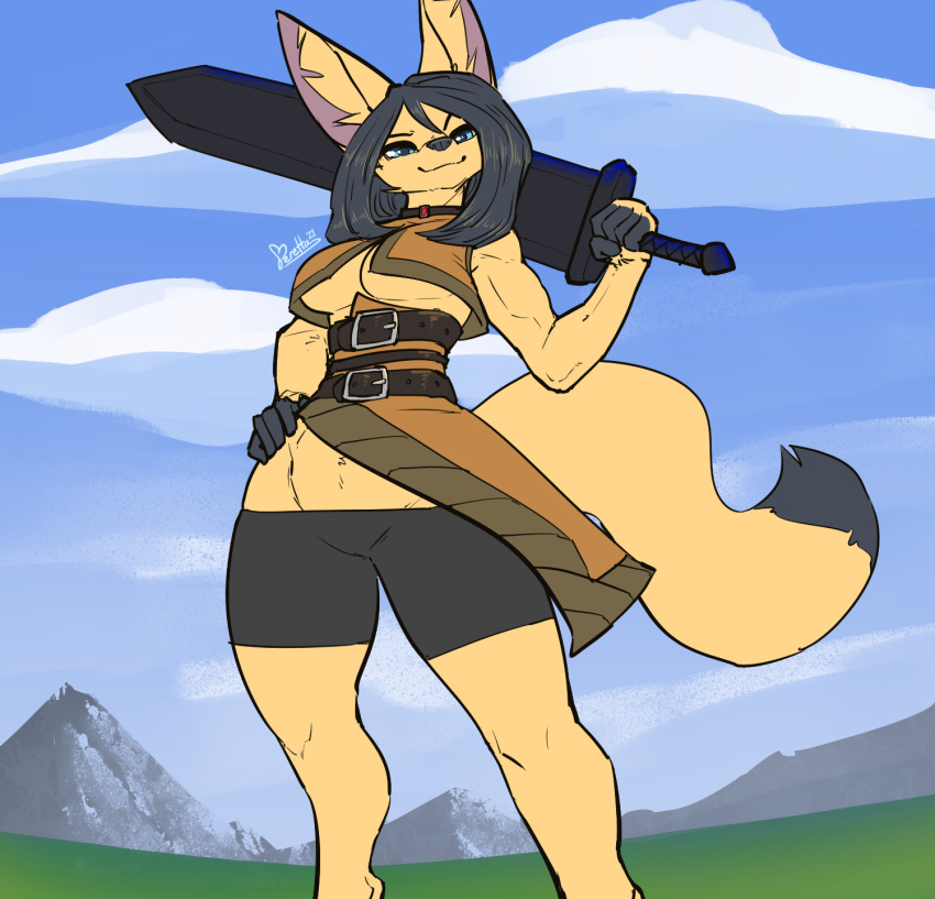 anthro belt biceps black_hair black_tail_tip blue_eyes bottomwear breasts canid canine clothed clothing cloud digital_media_(artwork) english_text female fenavi_montaro fennec feretta fox fur hair hi_res holding_object holding_weapon hotpants looking_at_viewer mammal melee_weapon mountain muscular muscular_anthro muscular_female outside shorts sky smile solo standing sword text topwear under_boob weapon yellow_body yellow_fur