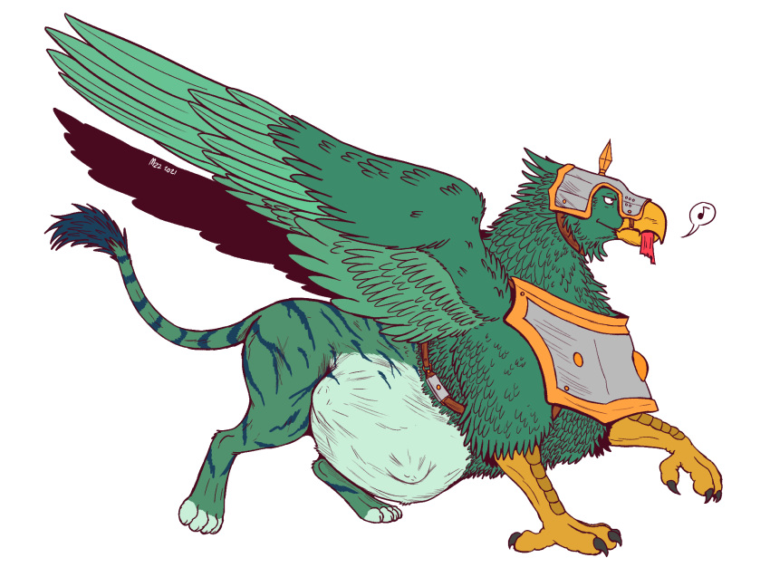 ambiguous_gender armor avian beak belly big_belly bird butt claws feathered_wings feathers feral fur green_body green_fur gryphon happy headgear helmet hi_res hybrid muscular mythological_avian mythology organs satisfied simple_background solo stomach striped_body striped_fur stripes thatgryphonguy thick_thighs vore warhammer_(franchise) warhammer_fantasy wings