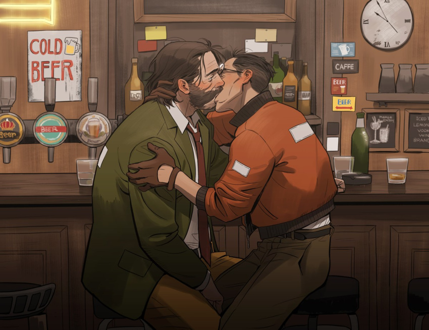 2boys alcohol bar bar_stool belt black_hair blazer blush bomber_jacket brown_hair cheetahman_(1ddghfr78cswc) clock cup disco_elysium drunk ear_blush facial_hair gloves harry_du_bois jacket kim_kitsuragi kiss male_focus medium_hair multiple_boys mutton_chops necktie pants shirt short_hair sleeves_rolled_up stool undercut yaoi