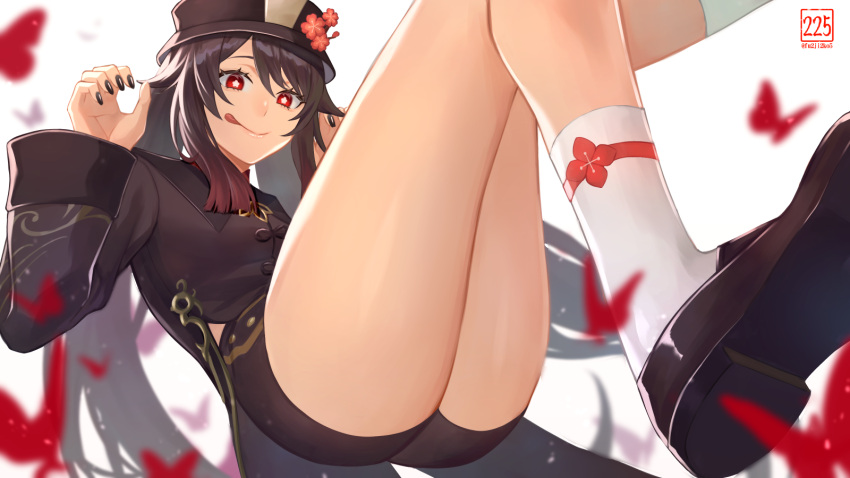 1girl 225 :p banned_artist bare_legs black_headwear black_nails black_shorts brown_hair bug butterfly chinese_clothes genshin_impact highres hu_tao insect legs long_sleeves nail_polish red_eyes short_shorts shorts smile socks solo thighs tongue tongue_out