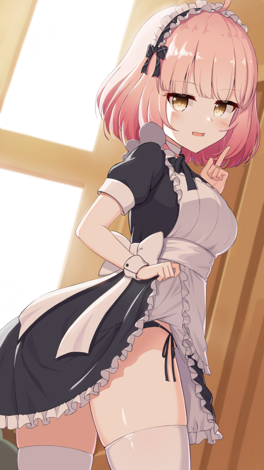 1girl alternate_costume apron bangs banned_artist black_dress black_hairband black_panties breasts brown_eyes chieru_(princess_connect!) commentary_request cp00 dress dress_lift enmaided eyebrows_visible_through_hair frilled_hairband frills hairband hand_up highres index_finger_raised lifted_by_self looking_at_viewer looking_back maid maid_apron medium_breasts panties pink_hair princess_connect! princess_connect!_re:dive puffy_short_sleeves puffy_sleeves short_sleeves side-tie_panties skindentation solo thighhighs underwear white_apron white_legwear
