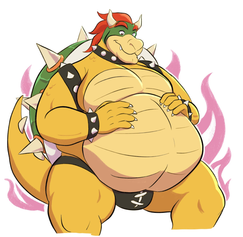 13uckaroo 2020 2_horns 5_fingers anthro armband barazoku belly biceps big_belly bottomwear_only bowser bracelet brown_eyes bulge claws clothed clothing collar digital_media_(artwork) eyebrows fangs finger_claws fingers front_view green_body green_scales hair hand_on_stomach hi_res holding_belly horn jewelry koopa male mario_bros multicolored_body multicolored_scales musclegut muscular muscular_anthro muscular_male nintendo overweight overweight_anthro overweight_male pecs quads red_eyebrows red_hair reptile scales scalie shaded shell solo speedo spiked_armband spiked_bracelet spiked_collar spiked_shell spiked_tail spikes spikes_(anatomy) swimwear tan_body tan_scales thick_thighs video_games white_claws yellow_body yellow_scales