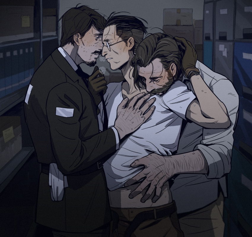 3boys arm_hair beard belt black_hair blazer blush breath brown_hair cheetahman_(1ddghfr78cswc) disco_elysium ear_blush facial_hair glasses gloves gloves_removed goatee hair_slicked_back hand_on_another's_chest harry_du_bois head_on_another's_shoulder jacket jean_vicquemare kim_kitsuragi male_focus multiple_boys mustache mutton_chops necktie necktie_grab neckwear_grab open_belt pants round_eyewear shirt shirt_lift short_hair sleeves_rolled_up storage_room sweat t-shirt undercut white_shirt yaoi