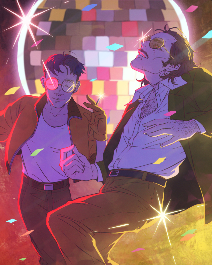 2boys asd4486 belt black_hair cigarette closed_eyes confetti dancing disco_elysium facial_hair glasses glint gloves green_jacket harry_du_bois highres indoors jacket jewelry kim_kitsuragi long_sleeves male_focus multiple_boys mustache necklace orange_gloves orange_jacket pants smile