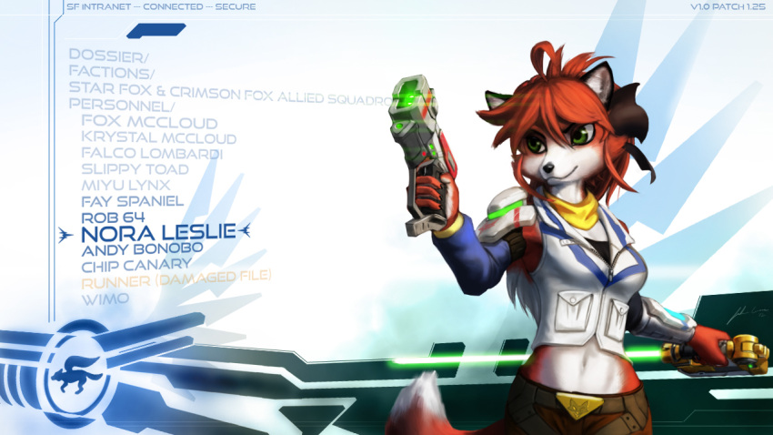 anthro canid canine fan_character female fox hair holding_object holding_weapon jecbrush lightsaber mammal melee_weapon nintendo nora_leslie red_hair solo star_fox star_wars video_games weapon