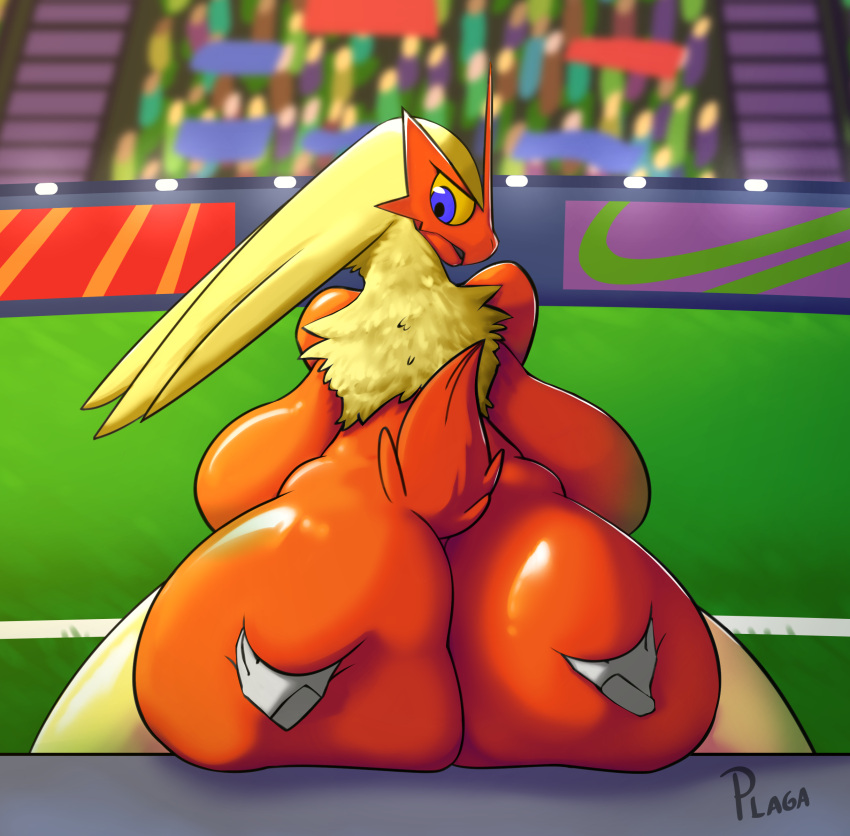 absurd_res anthro big_breasts big_butt blaziken breasts butt butt_grab disembodied_hand female hand_on_butt hi_res huge_butt looking_back nintendo nude plaga pok&eacute;mon pok&eacute;mon_(species) video_games