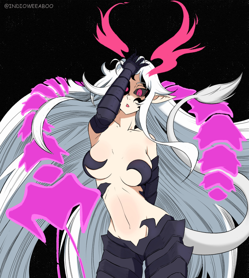 alternate_costume alternate_eye_color alternate_hair_color armor arms_behind_back arms_up aura bare_shoulders black_sclera breasts bug centipede cleavage colored_sclera corruption dark_persona demon demon_girl disgaea elbow_gloves gloves highres indioweeaboo large_breasts liezerota lion lion_tail long_hair makai_senki_disgaea_5 midriff nippon_ichi official_alternate_costume open_mouth pants possessed red_eyes sky space star_(sky) star_(symbol) starry_sky tail twitter_username void_dark_(disgaea) white_hair white_tail