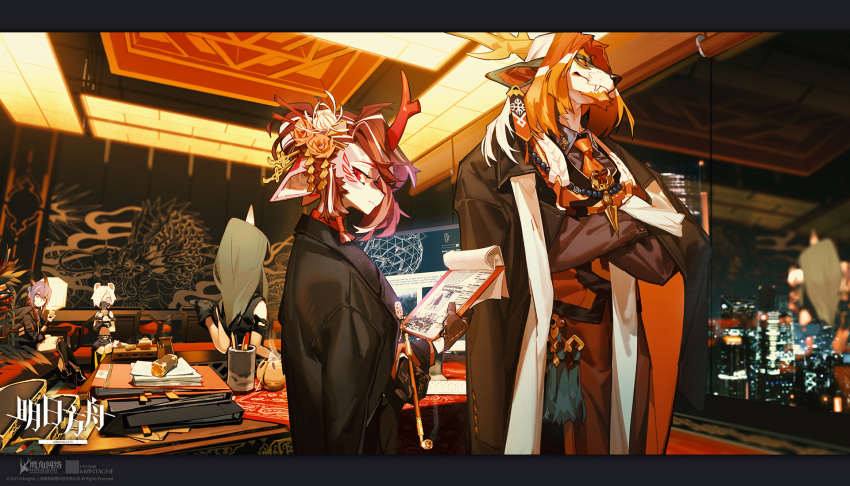 2018 accessory ambiguous_gender animal_humanoid anthro anthro_focus arknights chen_(arknights) detailed_background dragon duo_focus female flower flower_in_hair fumizuki_(arknights) group hair hair_accessory hi_res holding_object horn horned_humanoid hoshiguma_(arknights) humanoid hypergryph inside kuroblood male mammal mammal_humanoid mustelid mustelid_humanoid night plant shirayuki_(arknights) studio_montagne video_games wei_yenwu_(arknights) white_hair