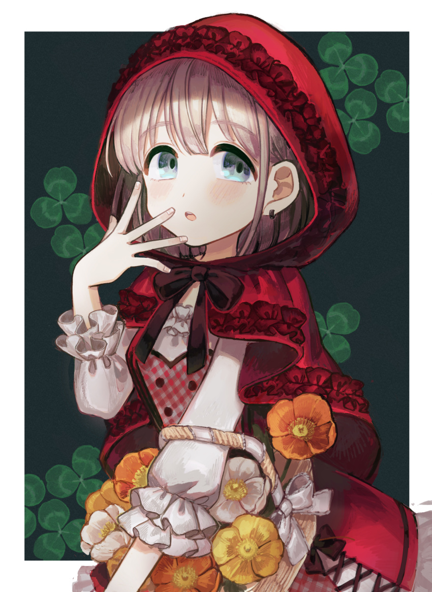 1girl basket blue_eyes blush clover dress earrings flower hand_up highres hood idolmaster idolmaster_shiny_colors jewelry light_brown_hair little_red_riding_hood long_sleeves looking_at_viewer open_mouth red_dress sasasasa serizawa_asahi solo standing