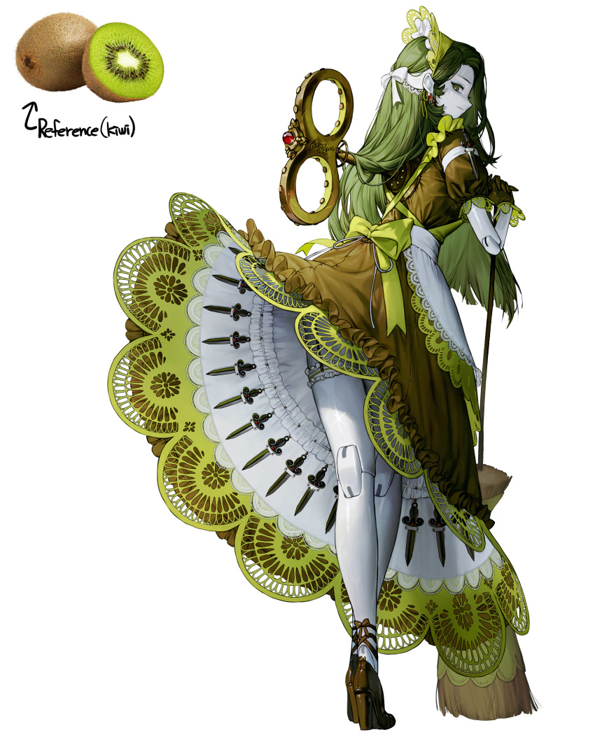 1girl absurdres android apron broom concealed_weapon dress earrings food from_behind fruit garter_belt garter_straps green_dress green_eyes green_hair high_heels highres jewelry kiwifruit knife lace_trim leaning_on_object long_hair looking_at_viewer looking_back maid maid_apron maid_headdress mechanical_arms mechanical_legs original pale_skin personification photo_inset rinotuna simple_background solo very_long_hair white_background wind wind_lift winding_key