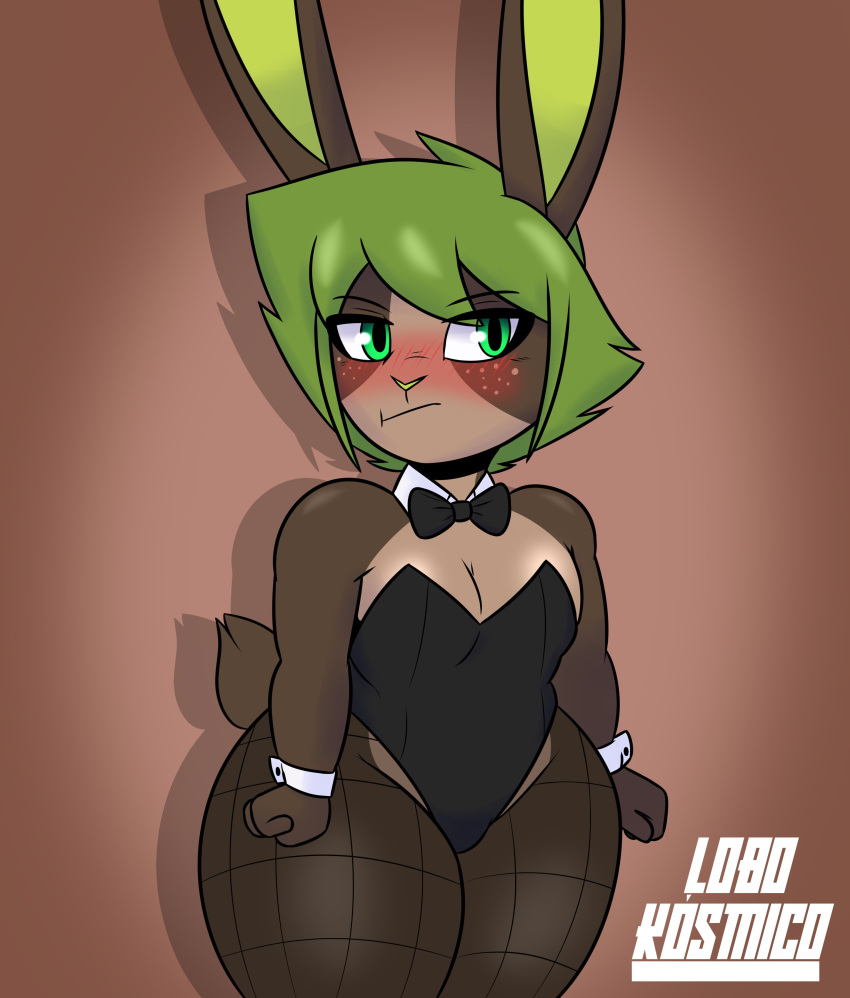 2021 abstract_background absurd_res anthro bec_(lobokosmico) black_clothing blush bow_tie breasts brown_body bunny_costume clothed clothing costume curvy_figure digital_drawing_(artwork) digital_media_(artwork) female fur green_eyes green_hair hair hi_res lagomorph legwear leporid lobokosmico mammal rabbit scut_tail short_stack shy simple_background solo solo_focus thick_thighs