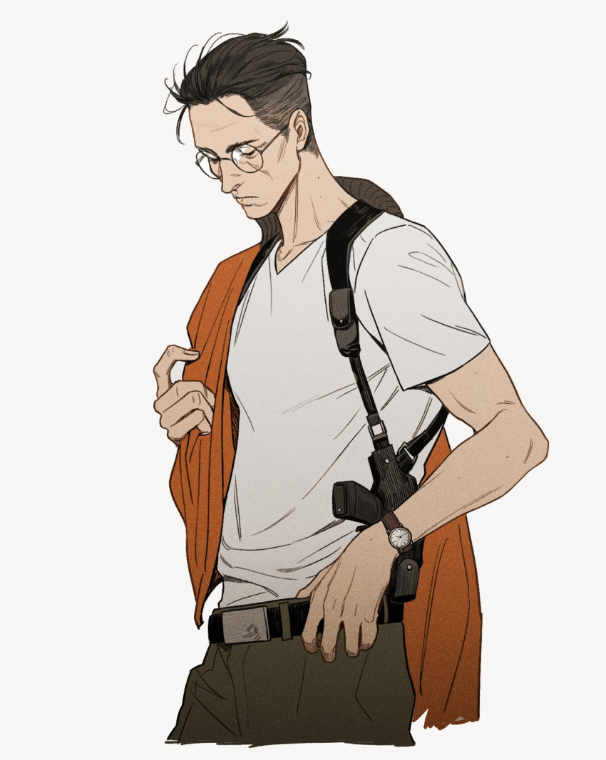 1boy belt black_hair cheetahman_(1ddghfr78cswc) disco_elysium expressionless glasses hair_slicked_back highres holster holstered_weapon jacket jacket_removed kim_kitsuragi looking_down male_focus pants round_eyewear shirt short_hair simple_background solo t-shirt undercut v-neck watch white_shirt