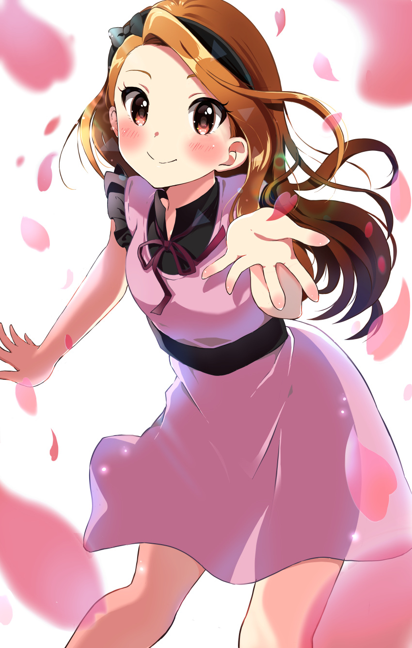 1girl absurdres black_bow black_hairband black_shirt blurry blush bow bow_hairband brown_eyes brown_hair closed_mouth commentary_request depth_of_field disconnected_mouth dress falling_petals feet_out_of_frame frilled_shirt frills hairband hand_up highres idolmaster idolmaster_(classic) leaning_forward long_hair looking_at_viewer mashimaro_tabetai minase_iori neck_ribbon outstretched_hand petals pink_dress reaching_out red_neckwear red_ribbon ribbon see-through shirt sleeveless sleeveless_dress smile solo standing white_background