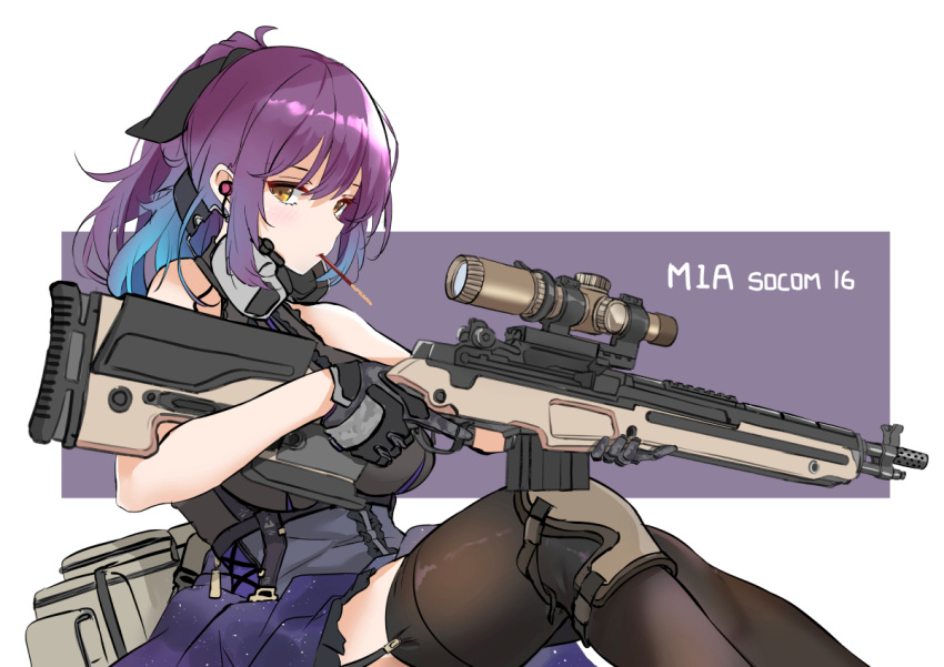 1girl bangs black_legwear brown_eyes fatkewell food garter_straps gloves gun holding holding_gun holding_weapon knee_pads long_hair mouth_hold original pocky ponytail purple_hair rifle scope sitting solo thighhighs trigger_discipline weapon