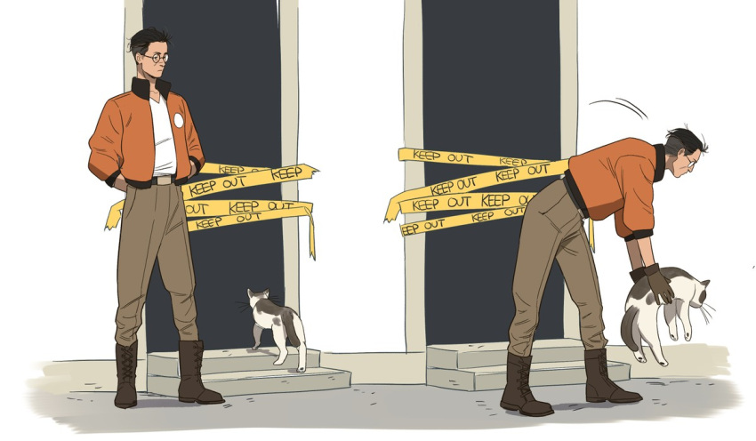 1boy animal arms_behind_back bad_id bad_postype_id belt black_hair bomber_jacket boots cat caution_tape cheetahman_(1ddghfr78cswc) disco_elysium glasses gloves hair_slicked_back holding holding_animal holding_cat jacket keep_out kim_kitsuragi male_focus pants round_eyewear shirt short_hair solo undercut white_shirt