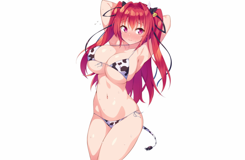 aliasing animal_ears bikini blush breasts cowgirl erect_nipples horns ichi_makoto long_hair naruse_mio navel pink_eyes red_hair ribbons shinmai_maou_no_testament swimsuit tail twintails underboob wet