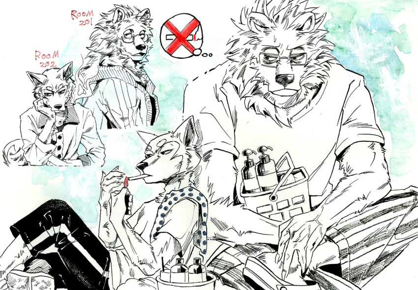 2021 5_fingers anthro basket beastars black_and_white black_bear bogue_(beastars) bottomwear canid canine canis cigarette cigarette_in_mouth claws clothed clothing domestic_dog duo eyewear finger_claws fingers fur glasses jacket joze_osaka lighter looking_at_another male mammal monochrome moon_bear mugi_(beastars) pants pictographics shiba_inu shirt sitting size_difference smoke smoking spitz t-shirt thought_bubble topwear ursid ursine
