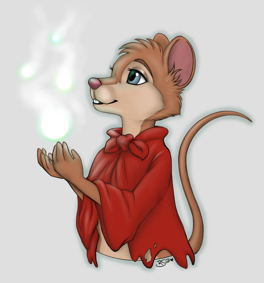 absurd_res anthro blue_eyes cape clothing don_bluth female glowing hi_res mammal mouse mrs._brisby murid murine rodent runestone simple_background smoke solo the_secret_of_nimh torn_clothing waist_up