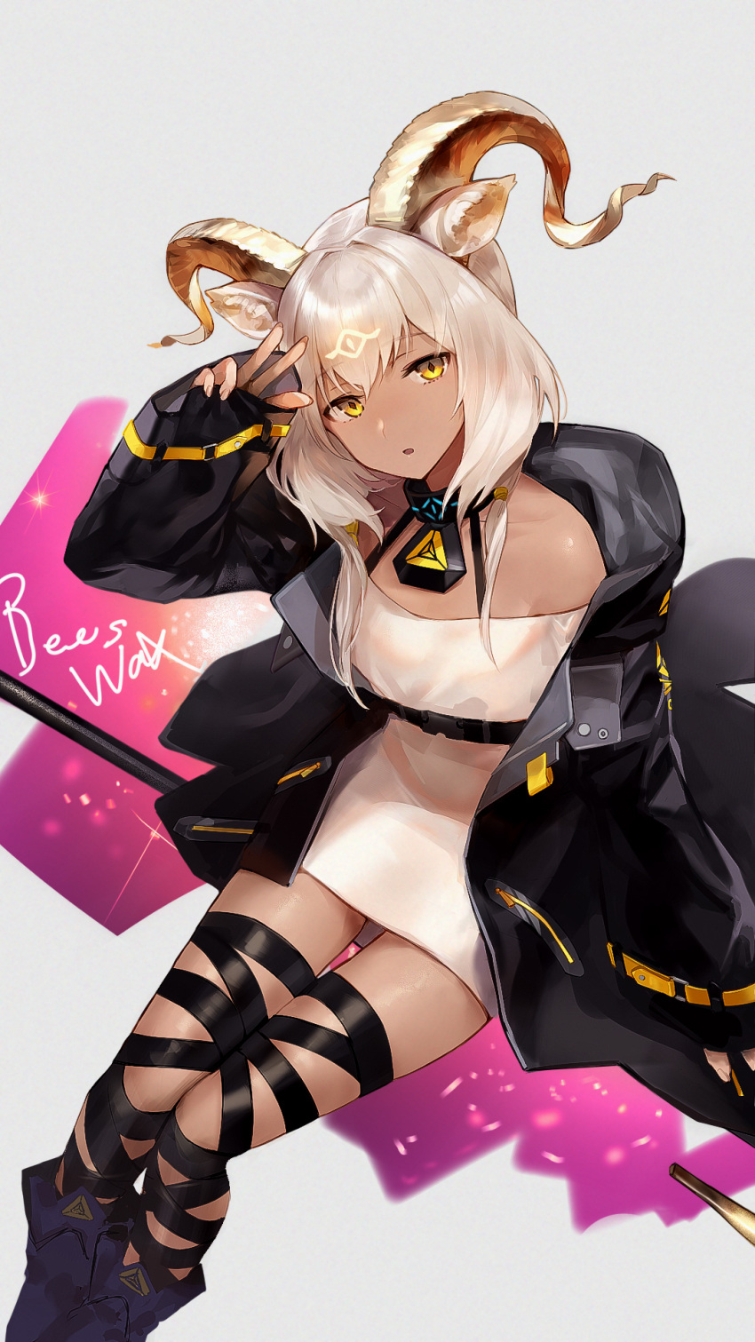 1girl :o animal_ears arknights bare_shoulders beeswax_(arknights) black_jacket black_ribbon character_name commentary_request dark_skin dark_skinned_female dress feet_out_of_frame goat_ears goat_horns gold_horns highres hood hood_down horns infection_monitor_(arknights) ink. jacket leg_ribbon looking_at_viewer medium_hair off-shoulder_dress off_shoulder open_clothes open_jacket open_mouth ribbon salute short_dress simple_background sitting solo white_dress white_hair yellow_eyes