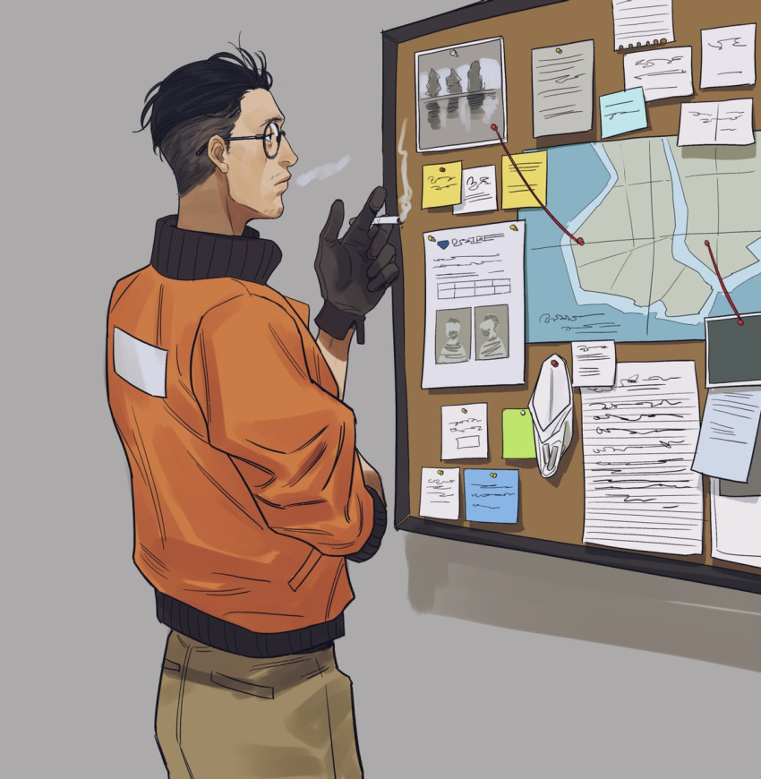 1boy bad_id bad_postype_id black_hair bomber_jacket bulletin_board cheetahman_(1ddghfr78cswc) cigarette disco_elysium from_side glasses gloves grey_background hair_slicked_back highres holding holding_cigarette jacket kim_kitsuragi male_focus pants poster_(object) round_eyewear short_hair simple_background smoking solo standing undercut