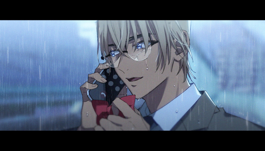 1boy amuro_tooru bangs bespectacled black_neckwear blonde_hair blue_eyes blurry blurry_background bow broken_eyewear cellphone collared_shirt commentary_request depth_of_field dripping formal glasses grey_jacket grey_suit hair_between_eyes hands_up highres holding holding_bow holding_phone jacket k_(gear_labo) letterboxed looking_to_the_side male_focus meitantei_conan necktie open_mouth outdoors phone portrait rain red_bow shirt smile solo suit water_drop white_shirt