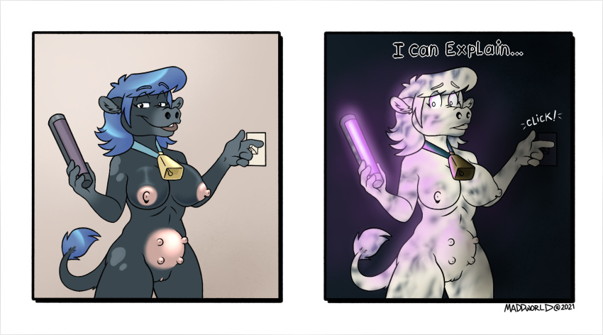 anthro big_breasts black_body black_fur black_light bovid bovine breasts cattle cowbell english_text female fur genitals hair hi_res maddworld mammal pussy solo teats text udders