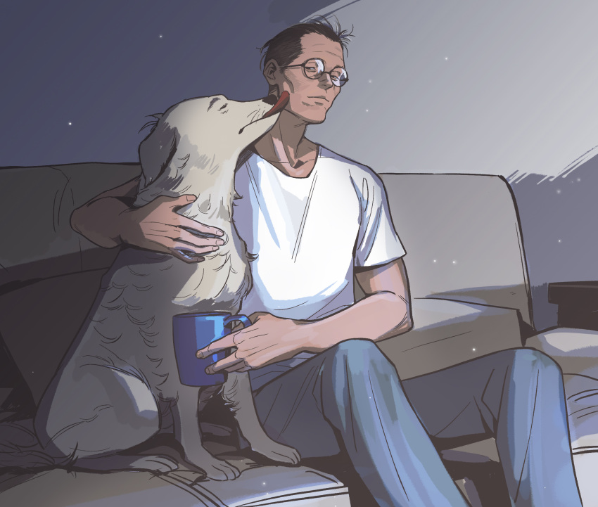 1boy black_hair cheetahman_(1ddghfr78cswc) couch cup disco_elysium dog glasses hair_slicked_back highres holding holding_cup kim_kitsuragi male_focus pants round_eyewear shirt short_hair sitting solo t-shirt undercut white_shirt