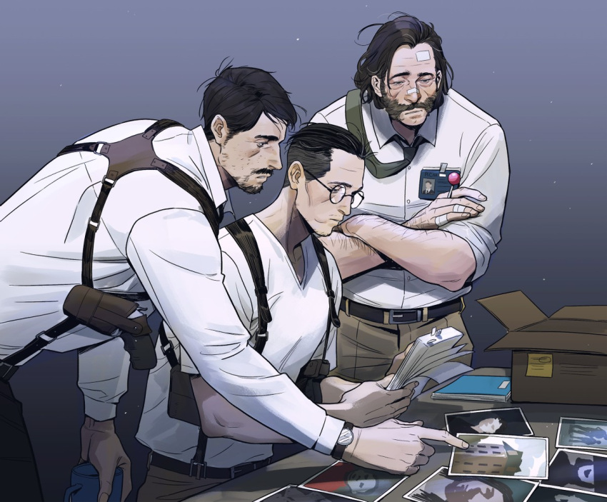 3boys arm_hair bandages bandaid bandaid_on_nose beard belt black_hair candy cheetahman_(1ddghfr78cswc) crossed_arms cup disco_elysium facial_hair food glasses goatee hair_slicked_back harry_du_bois holding holding_cup holster jean_vicquemare kim_kitsuragi lollipop male_focus multiple_boys mustache necktie pants pointing round_eyewear shirt short_hair suspenders t-shirt undercut v-neck watch