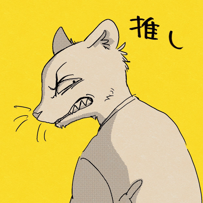 1:1 2021 angry anthro beastars bust_portrait crescendeon herpestid hi_res japanese_text kai_(beastars) looking_back male mammal mongoose portrait sharp_teeth simple_background snarling solo teeth text translated yellow_background