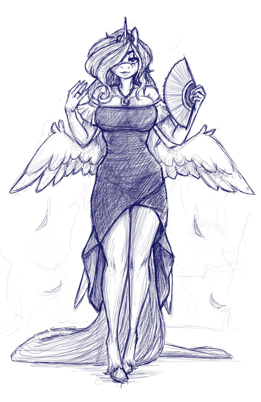anthro big_breasts breasts clothing dress equid equine female gingersnaps_(oc) hand_fan hasbro hi_res horn jewelry jewlery looking_at_viewer mammal my_little_pony necklace ring snickerlewdles solo standing unguligrade_anthro winged_unicorn wings