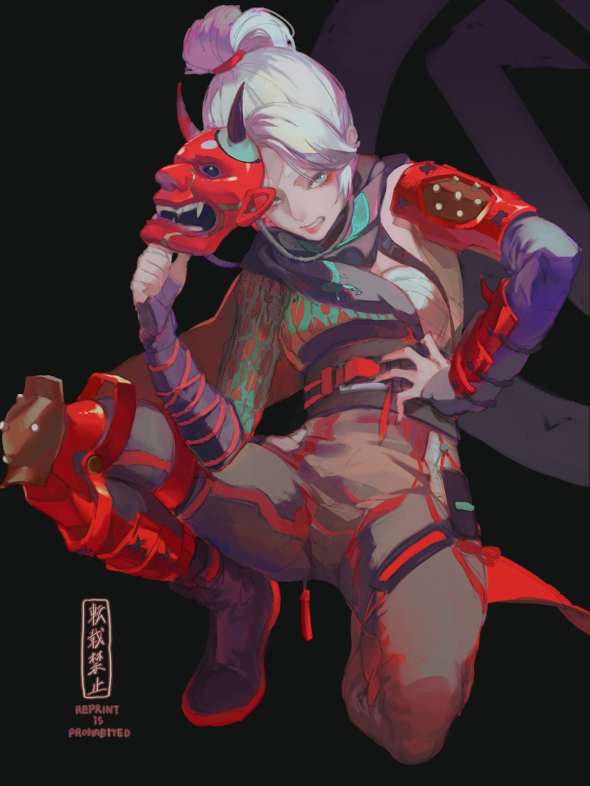 1girl apex_legends aqua_eyes black_background bracer brown_pants demon's_whisper_wraith eyeshadow hair_behind_ear hand_on_hip highres looking_down makeup official_alternate_costume oni_mask pants parted_lips ponytail red_eyeshadow renee_shika_egakan repost_notice solo squatting typo wraith_(apex_legends)