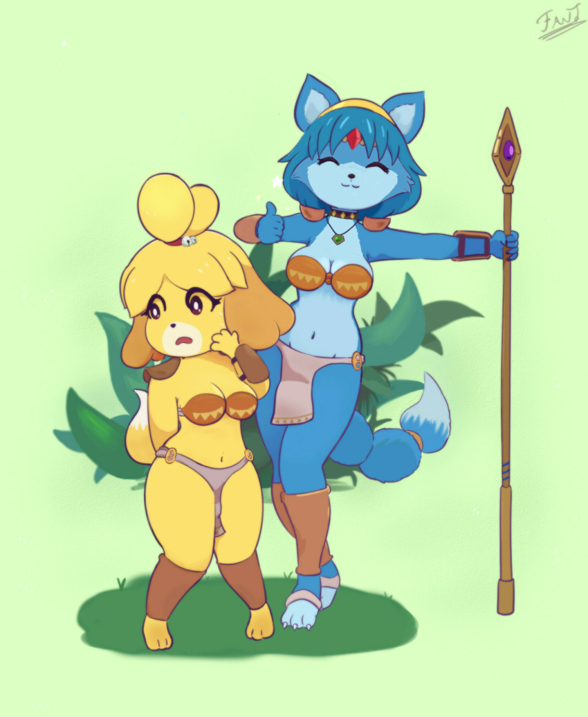 2021 3_toes 4_fingers 5_fingers accessory animal_crossing anthro armor bandeau barefoot belly biped blonde_hair blue_body blue_fur blue_hair bodily_fluids bottomwear bra breasts canid canine canis choker cleavage clothed clothing cosplay crossover crossover_cosplay curvy_figure curvy_hips digital_media_(artwork) digitigrade dipstick_tail domestic_dog duo emerald_(gem) eyebrows eyelashes eyes_closed fantharubi feet female fingers floppy_ears fox full-length_portrait fur gasp gauntlets gem gesture gloves gold_(metal) grass green_background hair hair_bun handwear headband headpiece hi_res isabelle_(animal_crossing) jewelry krystal krystal's_staff leaf leaning legband loincloth mammal melee_weapon midriff multicolored_body multicolored_fur multicolored_tail navel necklace nervous nintendo open_mouth outside plant polearm portrait ruby_(gem) shih_tzu short_hair shoulder_pads shrub signature simple_background size_difference smile staff standing star star_fox sweat tailband thick_thighs thumbs_up tied_hair toes topwear toy_dog tribal two_tone_body two_tone_fur underwear video_games voluptuous weapon wide_hips yellow_body yellow_fur
