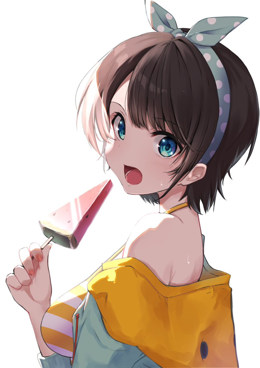 1girl absurdres bangs bikini blue_eyes blue_hairband blue_jacket brown_hair commentary eating food hair_strand hairband highres holding holding_food hololive ice_cream jacket looking_at_viewer looking_back mikaku off_shoulder oozora_subaru open_mouth pink_nails polka_dot polka_dot_hairband popsicle short_hair simple_background solo striped striped_bikini sweat swimsuit two-tone_bikini two-tone_jacket upper_body watermelon_bar white_background white_bikini yellow_bikini yellow_jacket