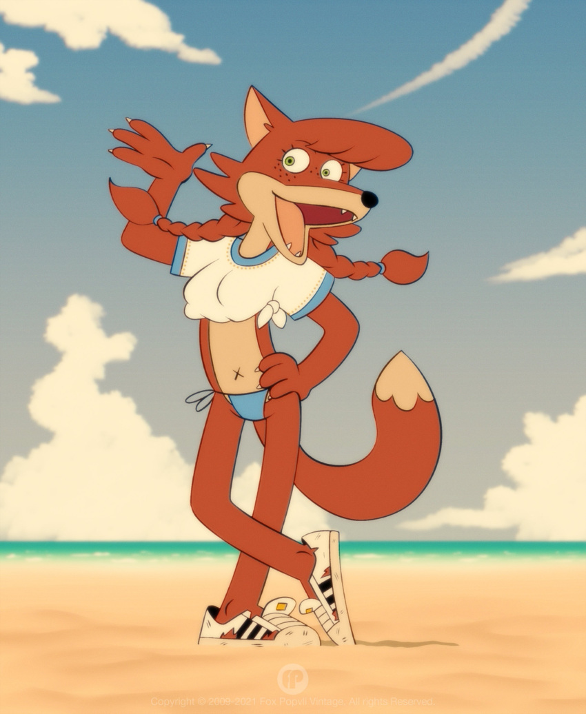 2021 4_fingers absurd_res anthro beach bikini bikini_bottom blue_bikini blue_clothing blue_swimwear canid canine clothed clothing cloud countershade_face countershade_torso countershading crossed_legs day detailed_background digital_media_(artwork) dipstick_tail dots eyebrows eyelashes facial_tuft fangs female fingers footwear fox fox-pop freckles full-length_portrait fur gesture green_eyes hand_on_hip hi_res looking_at_viewer mammal midriff multicolored_tail navel open_mouth open_smile orange_body orange_fur outside patty_foxy pink_inner_ear plantigrade portrait pose raised_arm red_fox sand seaside shirt shoes side-tie_bikini sky smile sneakers solo standing style_parody swimwear t-shirt tan_body tan_fur tied_shirt topwear water waving waving_hand white_clothing white_footwear white_shirt white_topwear wide_eyed x_navel